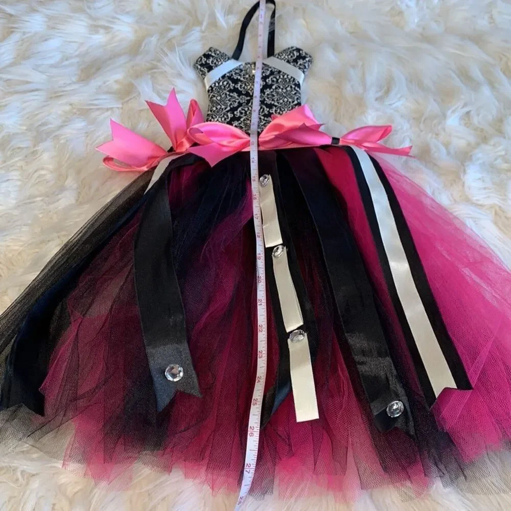 Girls Damask Dress Bow Holder with Tulle Tutu Red and Pink